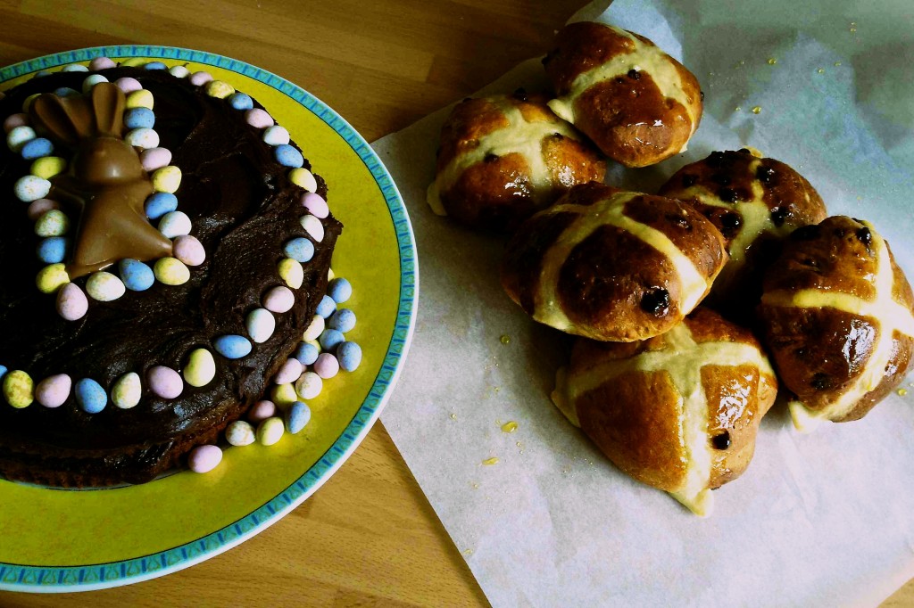 Easter chocolate cake and chocolate orange hot cross buns