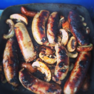 Sausages and mushrooms with gran luchito