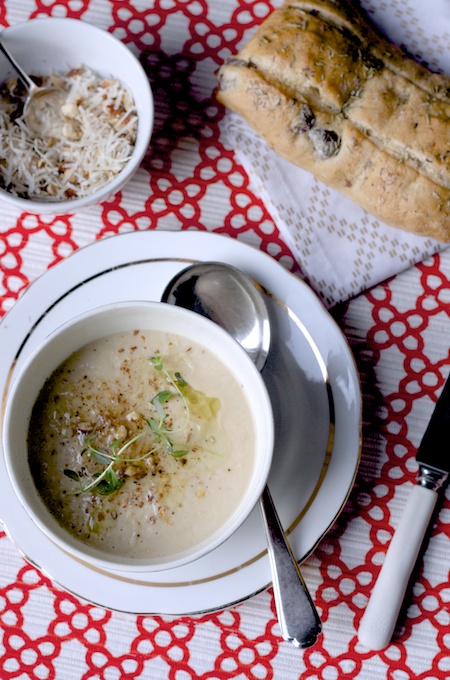 Roasted cauliflower and garlic soup with an almond and parmesan crumble on feedinboys.co.uk