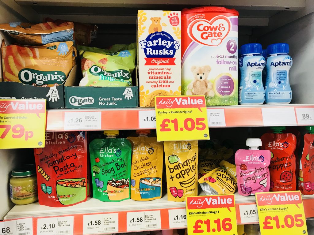 Shelf of baby and toddler food in the supermarket